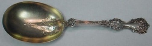 Whiting Pompadour Sterling Silver Gold Wash Berry Spoon 9 in: Whiting Pompadour Sterling Silver Gold Wash Berry Spoon 9 in This exquisite Pompadour Berry Spoon by Whiting is crafted from sterling silver with a beautiful gold wash finish. Measuring 9 inches,