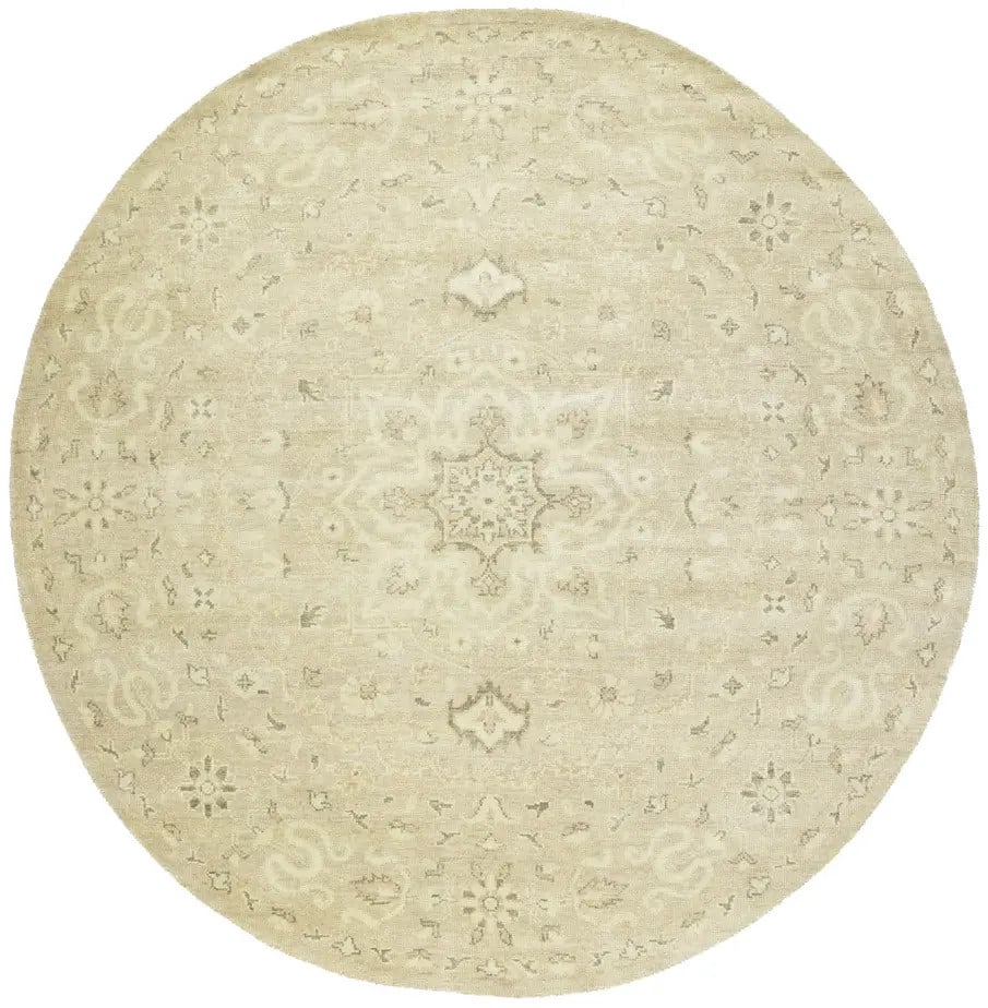 Handmade Round Floral Oriental Rug 8ft Transitional Wool Unique Design: Handmade Round Floral Oriental Rug 8ft Transitional Wool Unique Design Enhance your living space with this exquisite Handmade Transitional Round Oriental Rug featuring a floral design. Measuring