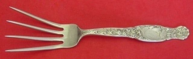 Whiting Heraldic Sterling Silver Splayed Tine Serving Fork 7 1/2": Whiting Heraldic Sterling Silver Splayed Tine Serving Fork 7 1/2" Heraldic by Whiting sterling silver serving fork with a splayed tine design and a 7 1/2 inch length. It is monogrammed, with monos var