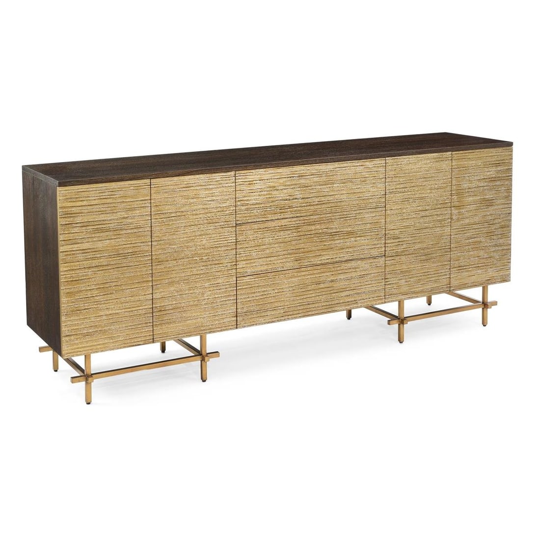 John-Richard Naro French Style Gold-Toned Oak Sideboard: John-Richard Naro French Style Gold-Toned Oak Sideboard This elegant sideboard combines the charm of French design with modern functionality. Featuring a stunning antique gold finish, the oak case is 