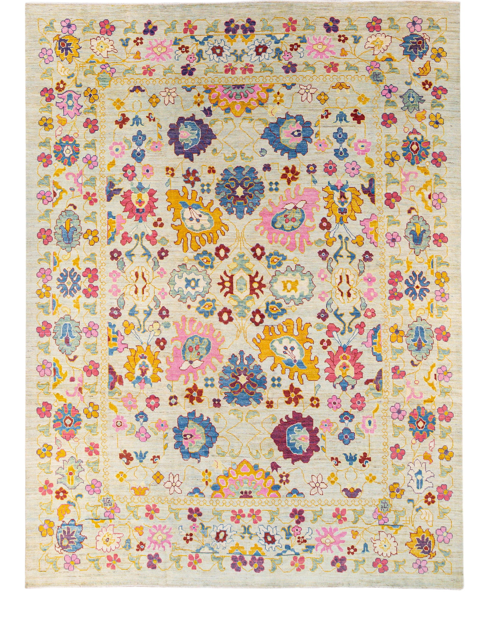 Handmade Modern Oushak Beige Floral Wool Rug 12' x 15'10: Handmade Modern Oushak Beige Floral Wool Rug 12' x 15'10 Enhance your space with this stunning modern Oushak handmade wool rug. Featuring a beige field adorned with a vibrant geometric floral pattern 