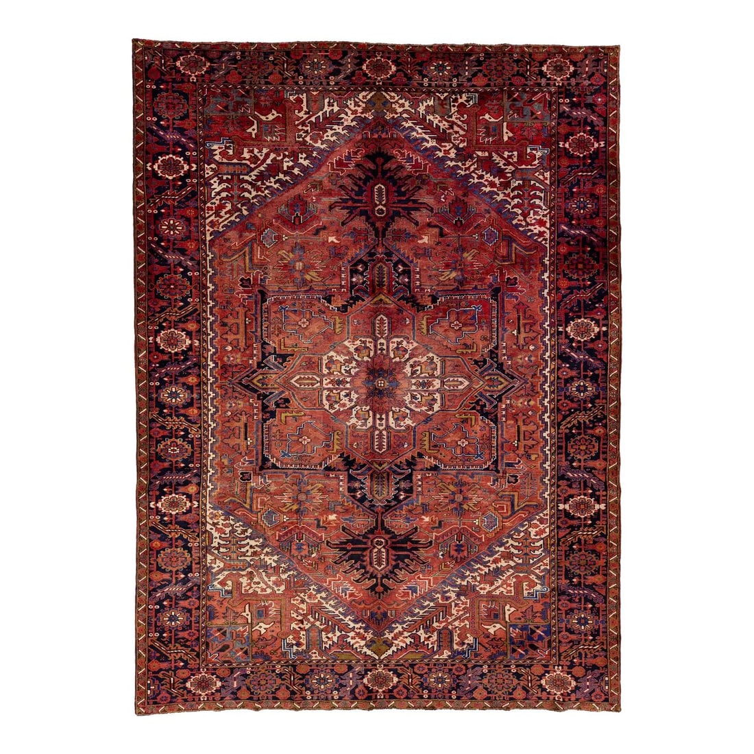 1950s Hand-Knotted Persian Heriz Wool Rug Red Medallion 9.5' x 12.10': 1950s Hand-Knotted Persian Heriz Wool Rug Red Medallion 9.5' x 12.10' This stunning hand-knotted Persian Heriz rug from the 1950s features an intricate medallion design in rich shades of red. Made fro