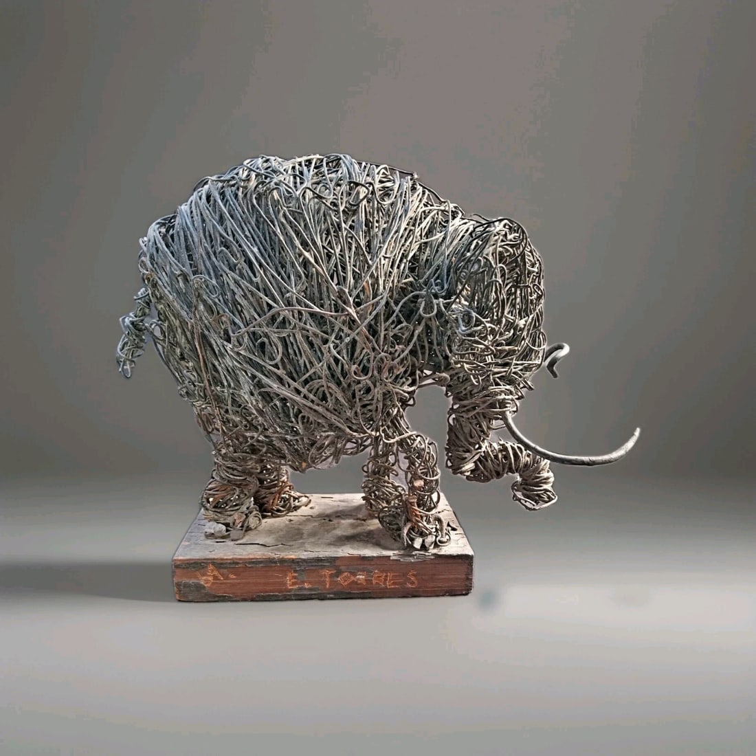 Eduardo Torres 1969 wire elephant sculpture on wood base 16 in (1 of 9)