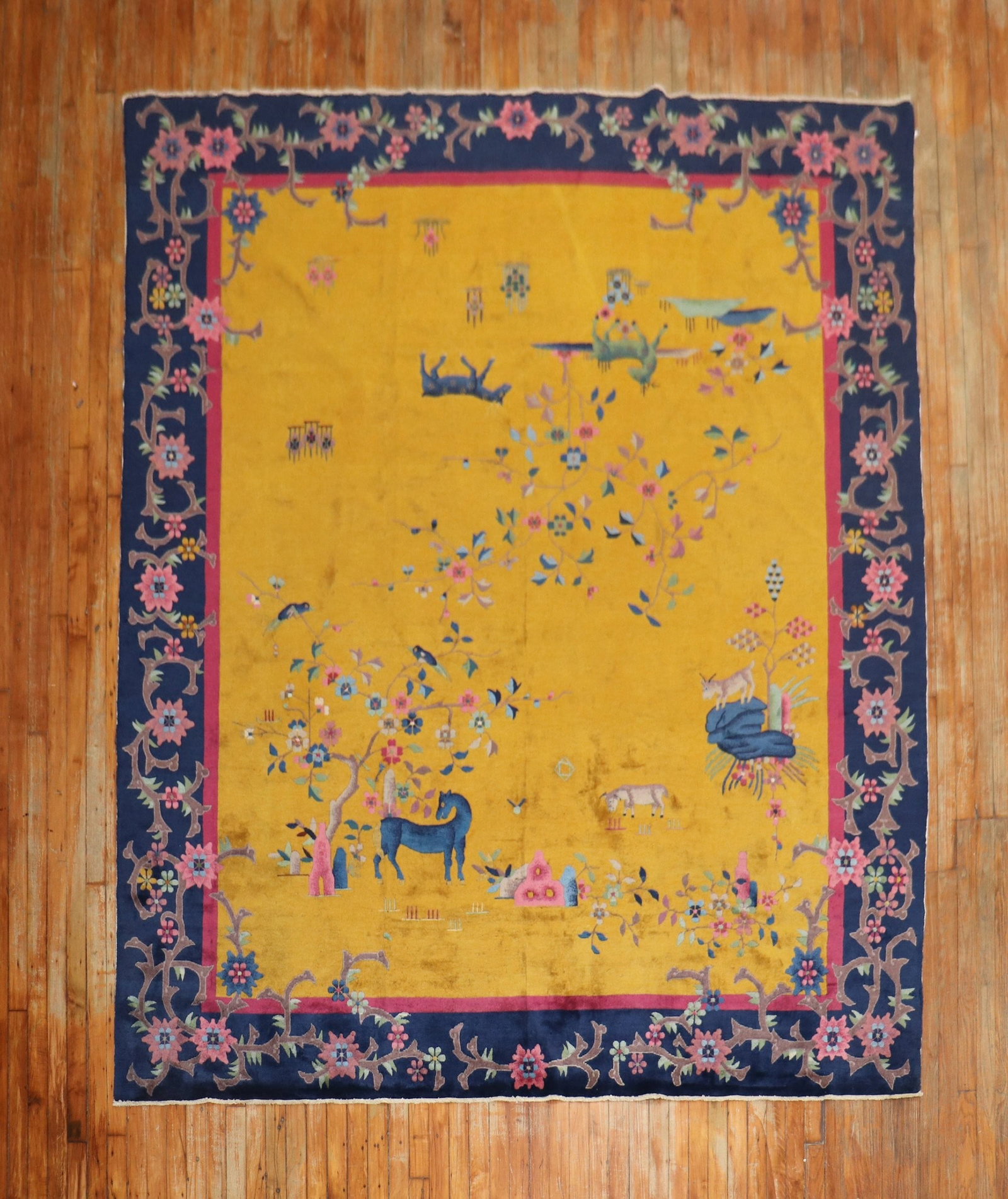 7' 10" x 9' 8" Chinese Art Deco Nichols Pictorial Animal Rug: 7' 10" x 9' 8" Chinese Art Deco Nichols Pictorial Animal Rug Chinese Art Deco Nichols room rug from the 2nd quarter of the 20th century, featuring a pictorial animal design on a goldenrod field with a
