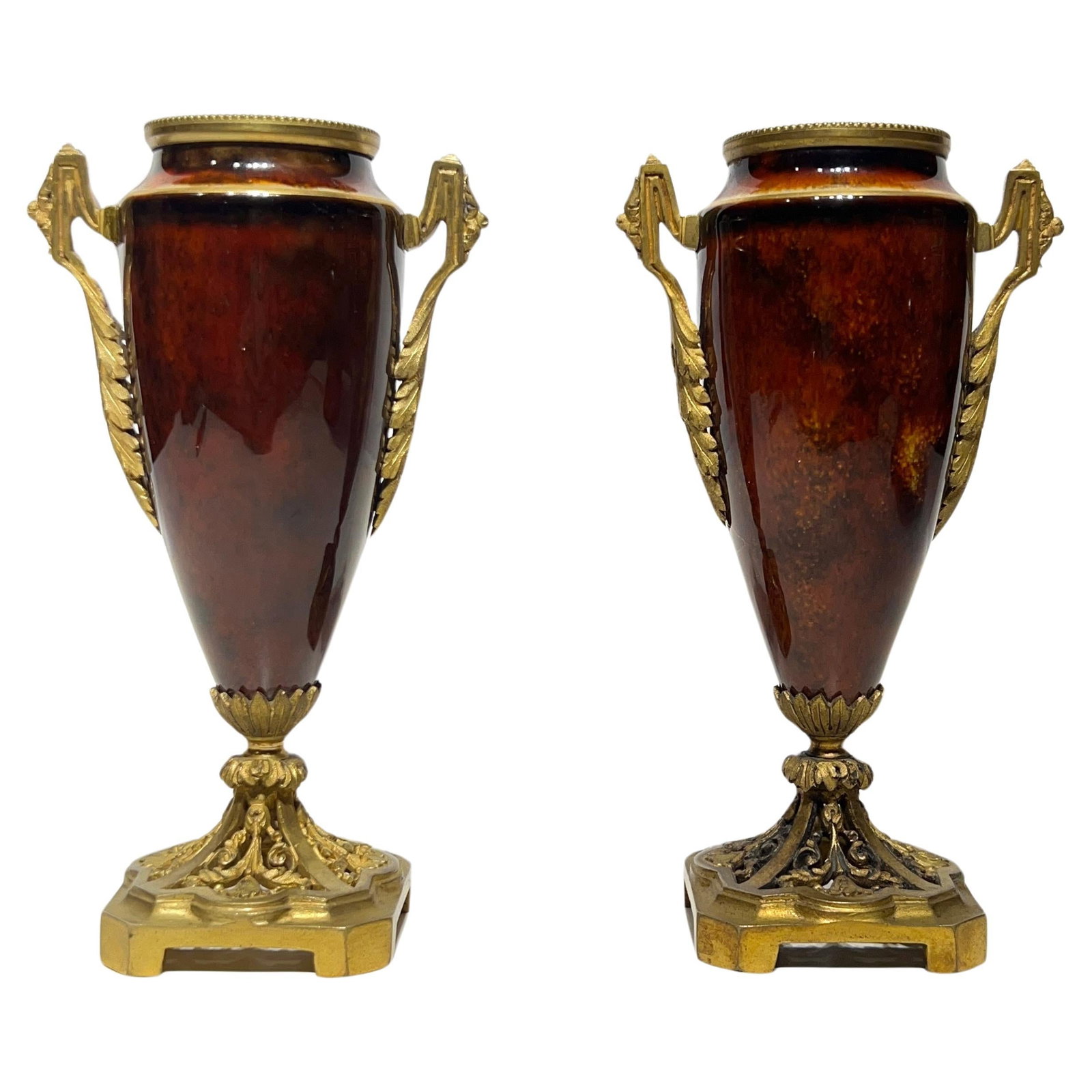 Set of 2 Art Nouveau Louchet gilt bronze porcelain vases: Set of 2 Art Nouveau Louchet gilt bronze porcelain vases This pair of petite Art Nouveau vases, crafted circa 1900 in France by Paul Francois Louchet, features gilt bronze mounts and mottled brown gla