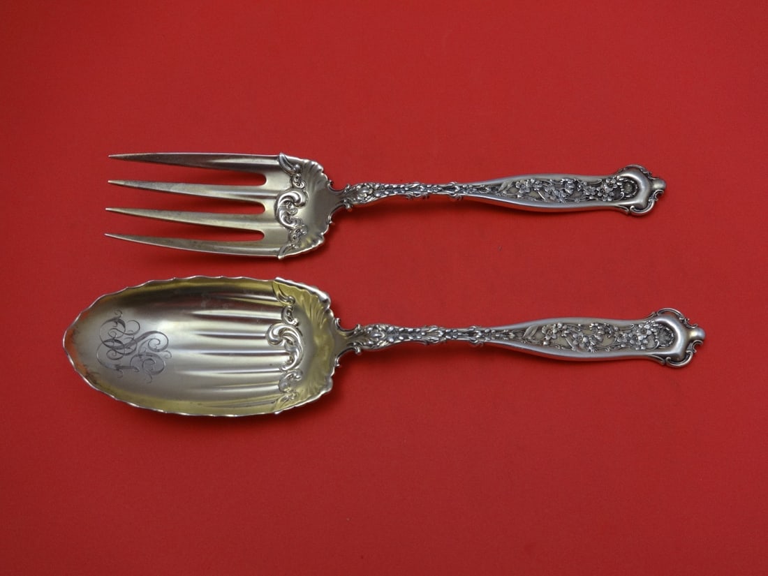 Whiting Dresden Sterling Silver Vermeil Salad Servers 2 Piece 9": Whiting Dresden Sterling Silver Vermeil Salad Servers 2 Piece 9" Sterling silver 2-piece salad serving set in the Dresden pattern by Whiting. The set is vermeil, measures 9 inches, and is monogrammed 