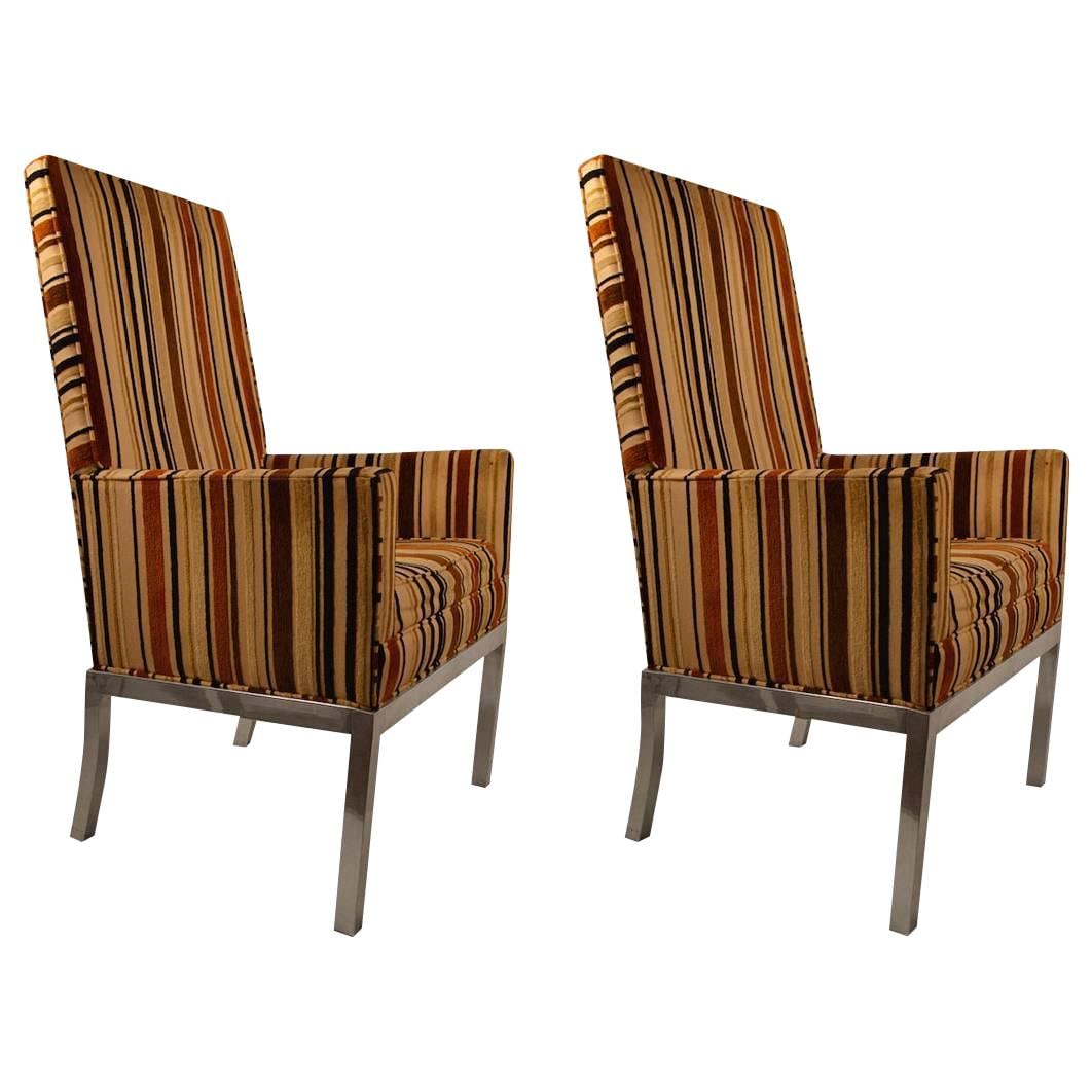Pair of Brown Upholstered High Back Chairs with Aluminum Base: Pair of Brown Upholstered High Back Chairs with Aluminum Base Elevate your seating with this stylish pair of upholstered high back chairs, featuring a durable squared aluminum base. The original fabri