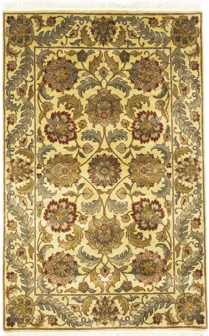 Hand-Knotted Wool Area Rug 4'0 x 6'5 Floral Pattern Modern Indian Carpet: Hand-Knotted Wool Area Rug 4'0 x 6'5 Floral Pattern Modern Indian Carpet This handmade Agra Jaipur area rug features a floral design in golden beige, rusty red, brown, cream, gray, and green tones. Cr