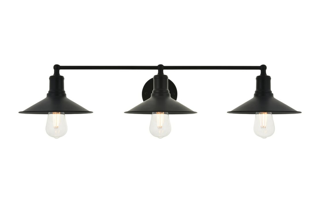 Etude Black Metal 3-Light Wall Sconce 33.1 in: Etude Black Metal 3-Light Wall Sconce 33.1 in This modern wall sconce features a sleek black finish and three cone-shaped shades, offering a contemporary lighting solution for various indoor spaces su
