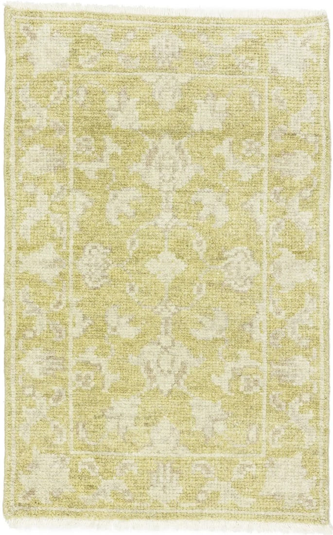 Hand-Knotted Wool Area Rug with Muted Floral Motif 2x3: Hand-Knotted Wool Area Rug with Muted Floral Motif 2x3 This hand-knotted wool rug features a muted floral design with golden yellow, cream, brown, and other subtle tones. Crafted in a transitional sty