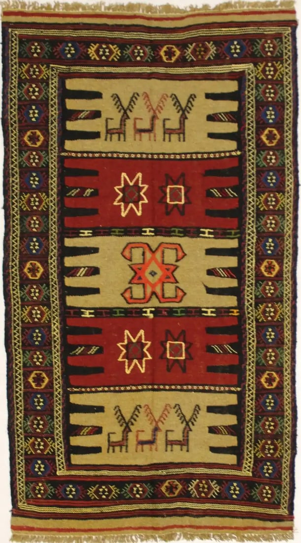 Tribal Geometric Wool Rug Hand-Woven Herati Pattern 3'2 x 5'10 Rectangle: Tribal Geometric Wool Rug Hand-Woven Herati Pattern 3'2 x 5'10 Rectangle This hand-woven wool Oriental area rug features a tribal geometric Herati design, blending khaki, red, blue, green, beige, gold