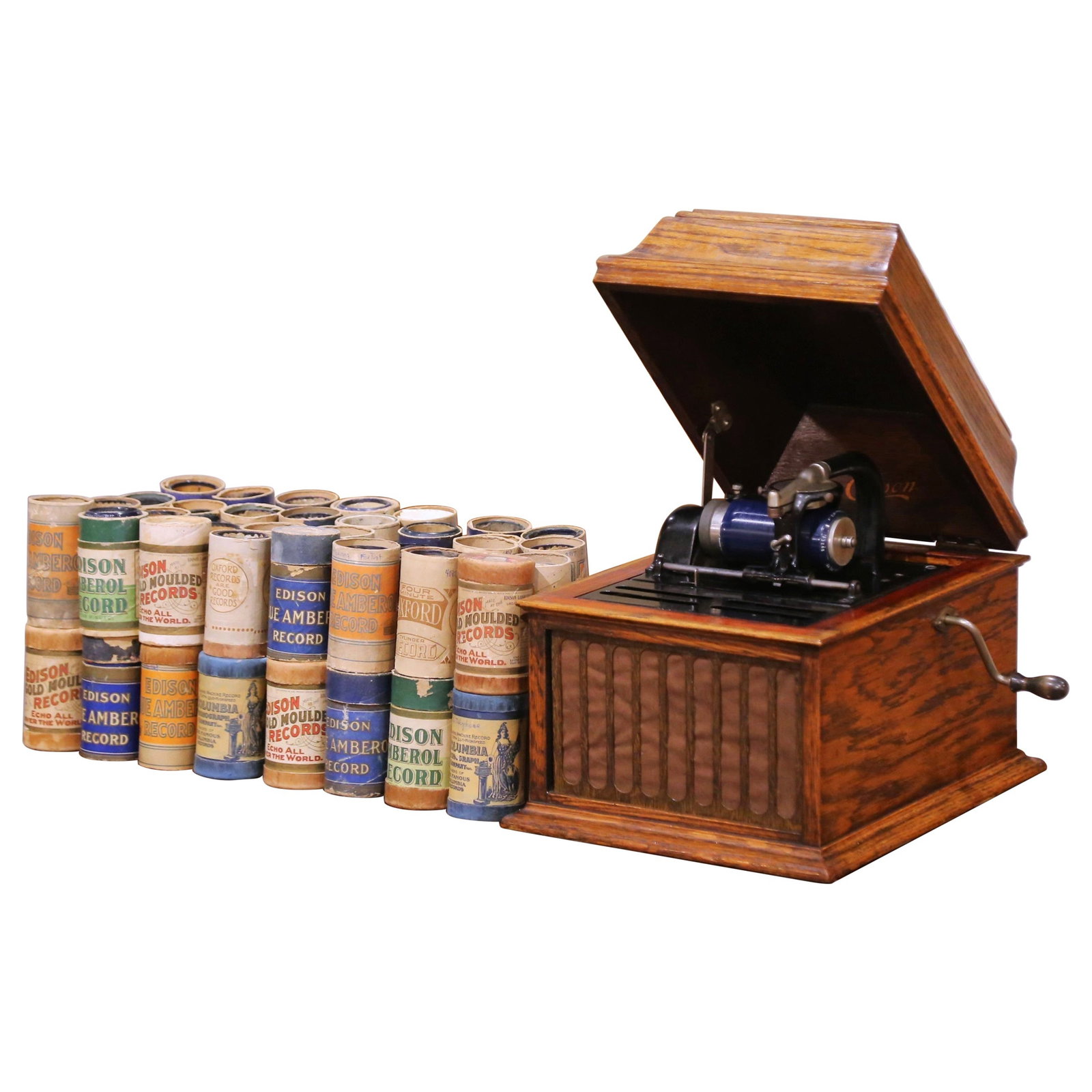 Antique Edison Oak Cylinder Phonograph with 63 Blue Amberol Records Circa 1910 (1 of 13)