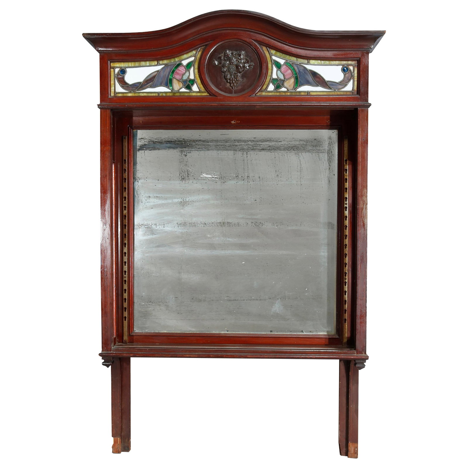 Antique Mahogany Back Bar with Leaded Glass Cornucopia C1910: Antique Mahogany Back Bar with Leaded Glass Cornucopia C1910 This exquisite Antique Arts & Crafts Mahogany Back Bar, dating to circa 1910, showcases exceptional craftsmanship typical of the early 20th