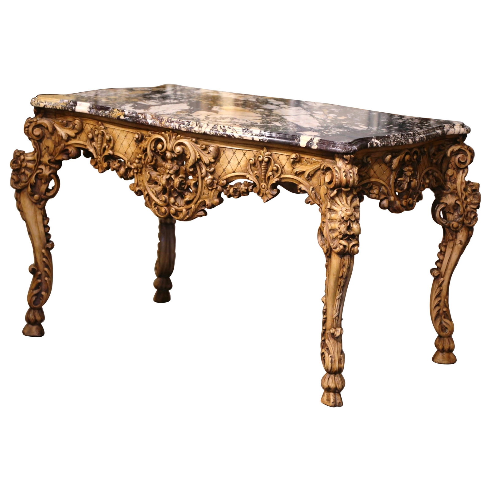 French Louis XV center table in carved walnut with Breccia marble top: French Louis XV center table in carved walnut with Breccia marble top Antique French Louis XV-style center table from the mid-19th century, crafted in Provence circa 1870. Designed to be viewed from a