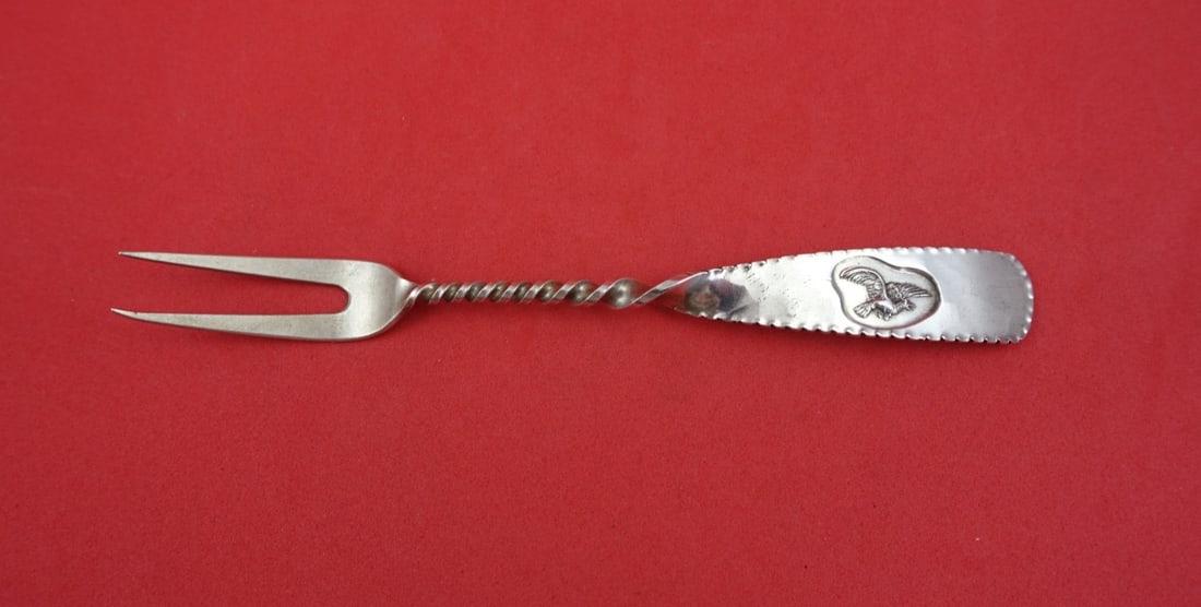 Sterling Silver Cocktail Fork Hamburg Pattern Bird Motif 6 Inch: Sterling Silver Cocktail Fork Hamburg Pattern Bird Motif 6 Inch This is a sterling silver cocktail fork in the Hamburg pattern by Gorham, featuring a 2-tine design with a bird in flight motif. The for