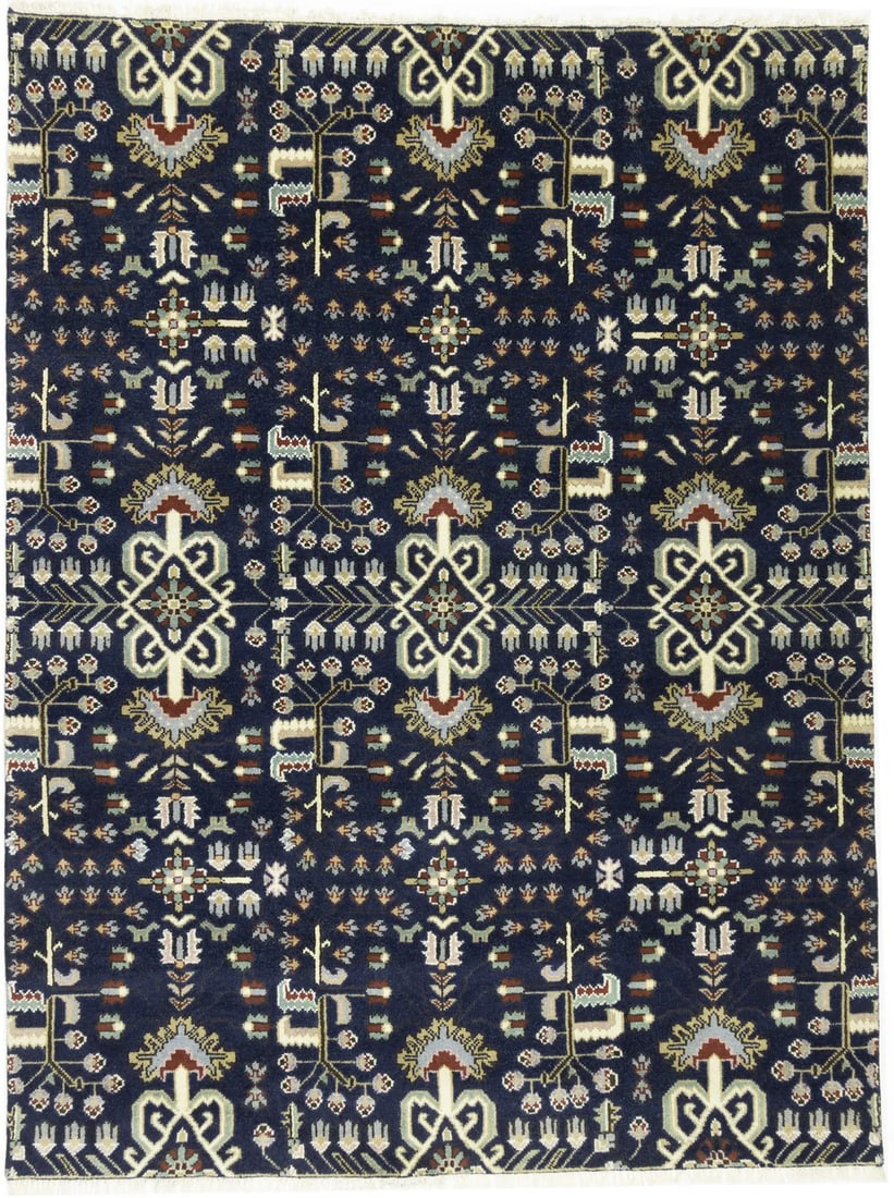Hand-knotted Wool Area Rug with Tribal Floral Pattern 7'8 x 10'2: Hand-knotted Wool Area Rug with Tribal Floral Pattern 7'8 x 10'2 This handmade area rug features a tribal allover floral design in dark navy, cream, rusty red, light blue, light green, and brown tones