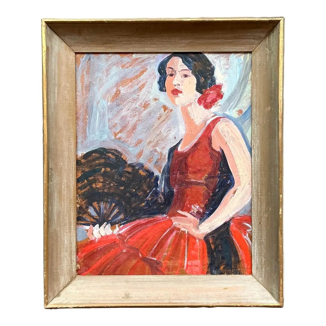 Vintage Regency Flamenco Dancer Oil Painting on Board 20.5 x 25 Red (1 of 6)