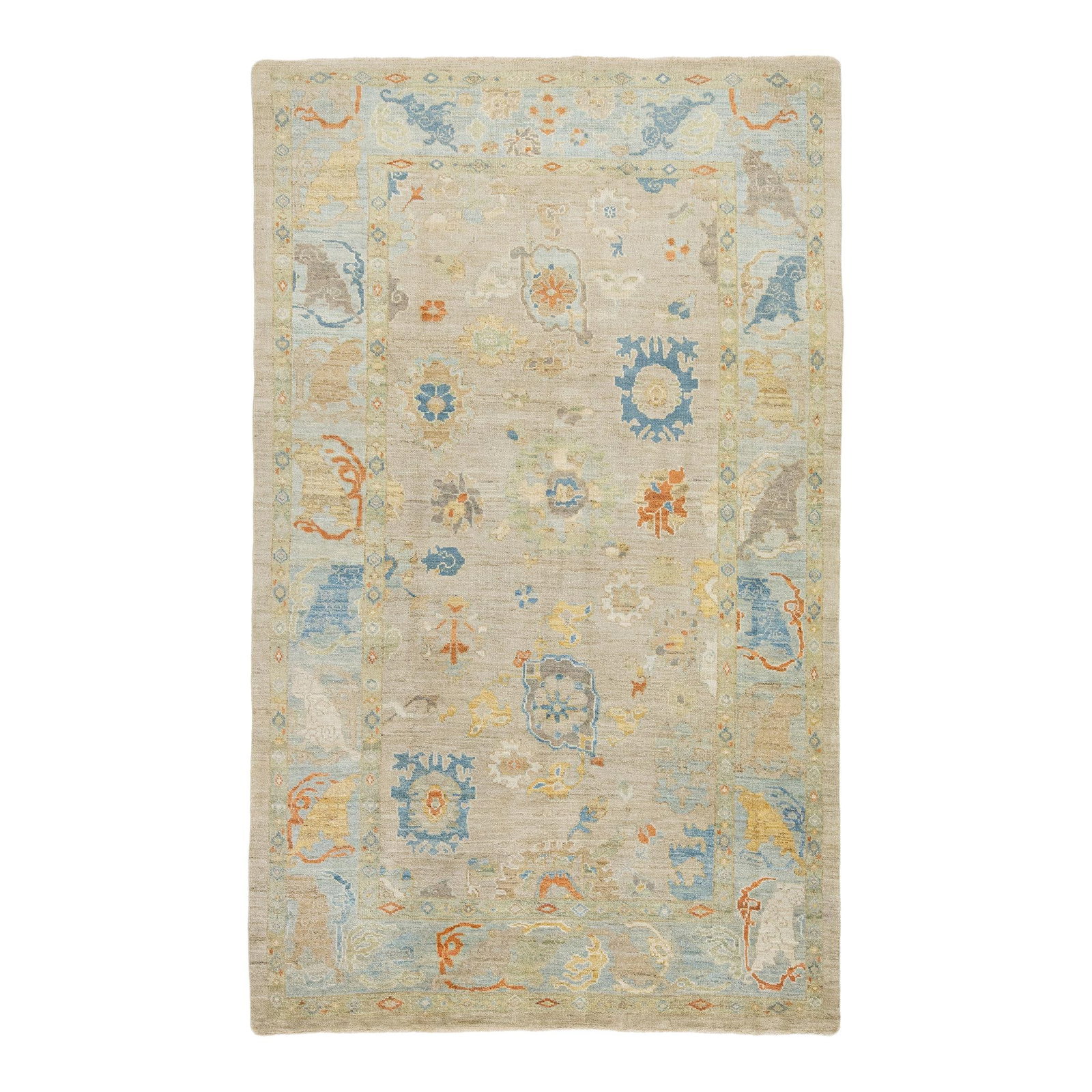 Light Brown Sultanabad Hand-Knotted Wool Rug 6'2 x 10'2: Light Brown Sultanabad Hand-Knotted Wool Rug 6'2 x 10'2 Enhance your living space with this exquisite hand-knotted wool rug featuring a light brown background and a striking blue frame. The rug is bea