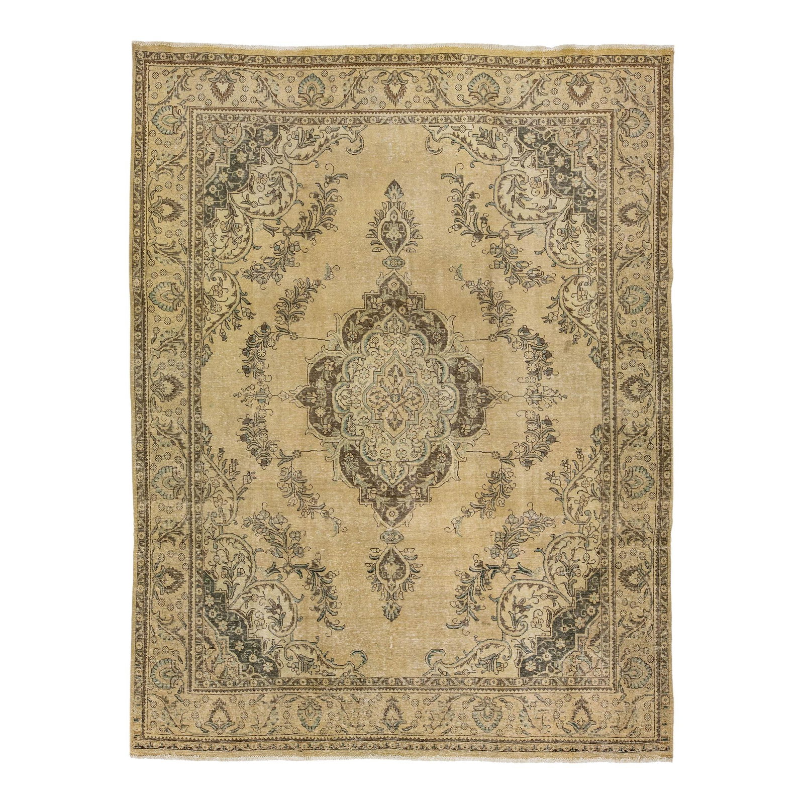 1960s Handmade Persian Tabriz Wool Rug Medallion Ivory 9'10 x 12'7: 1960s Handmade Persian Tabriz Wool Rug Medallion Ivory 9'10 x 12'7 Discover the elegance of this stunning vintage Persian Tabriz rug, expertly hand-knotted from high-quality wool. Featuring a soft ivo