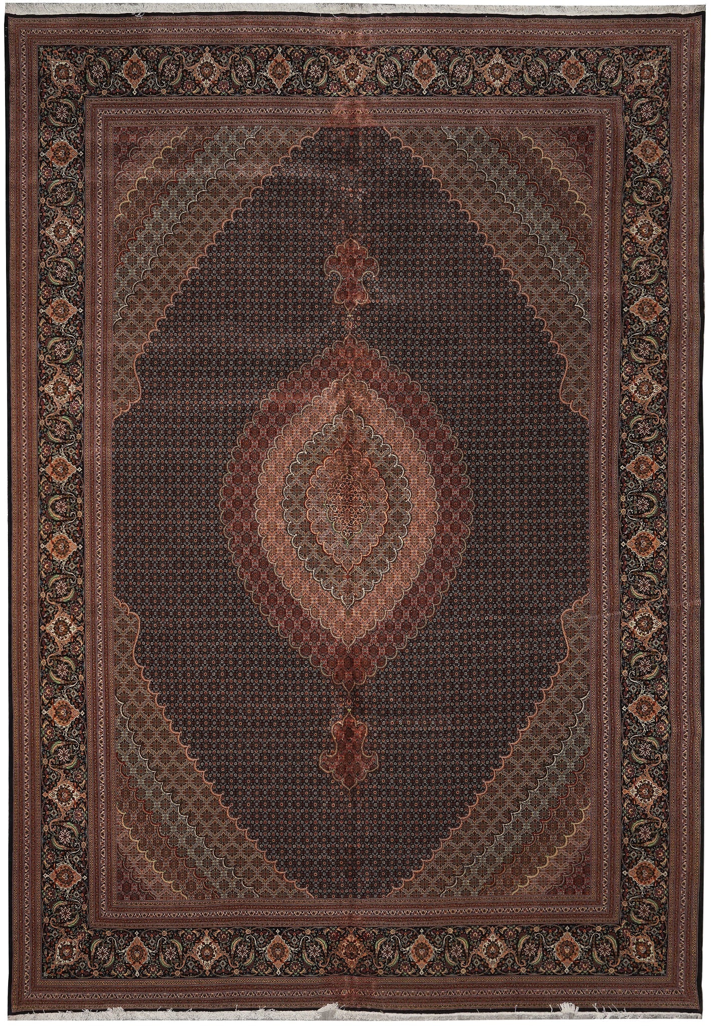 11.6 x 16.6 Persian Tabriz Mahi Hand Knotted Wool and Silk Rug 400 Kpsi: 11.6 x 16.6 Persian Tabriz Mahi Hand Knotted Wool and Silk Rug 400 Kpsi Free continental US Shipping Hand-knotted Persian Tabriz Mahi rug with a classic Chobi design and subtle floral motifs. It is ma
