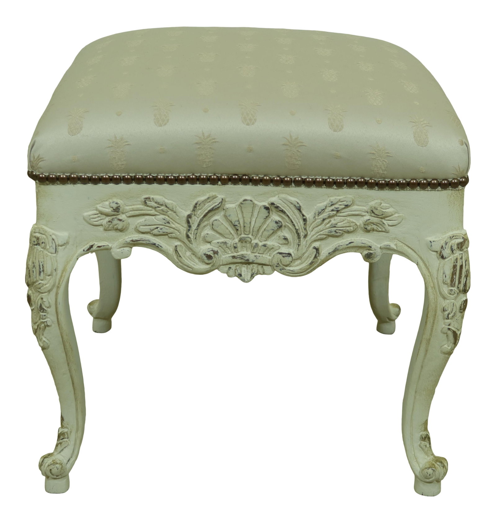 French Style Square Ottoman Off White Pineapple Print Upholstery (1 of 10)