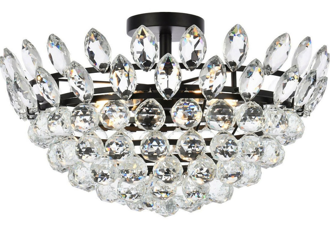 Emilia 20 in Flush Mount Crystal Chandelier Black 5 Light: Emilia 20 in Flush Mount Crystal Chandelier Black 5 Light Modern 5-light flush mount chandelier with a black finish and clear Royal Cut crystals. It is hardwired, ETL rated, and designed for indoor us