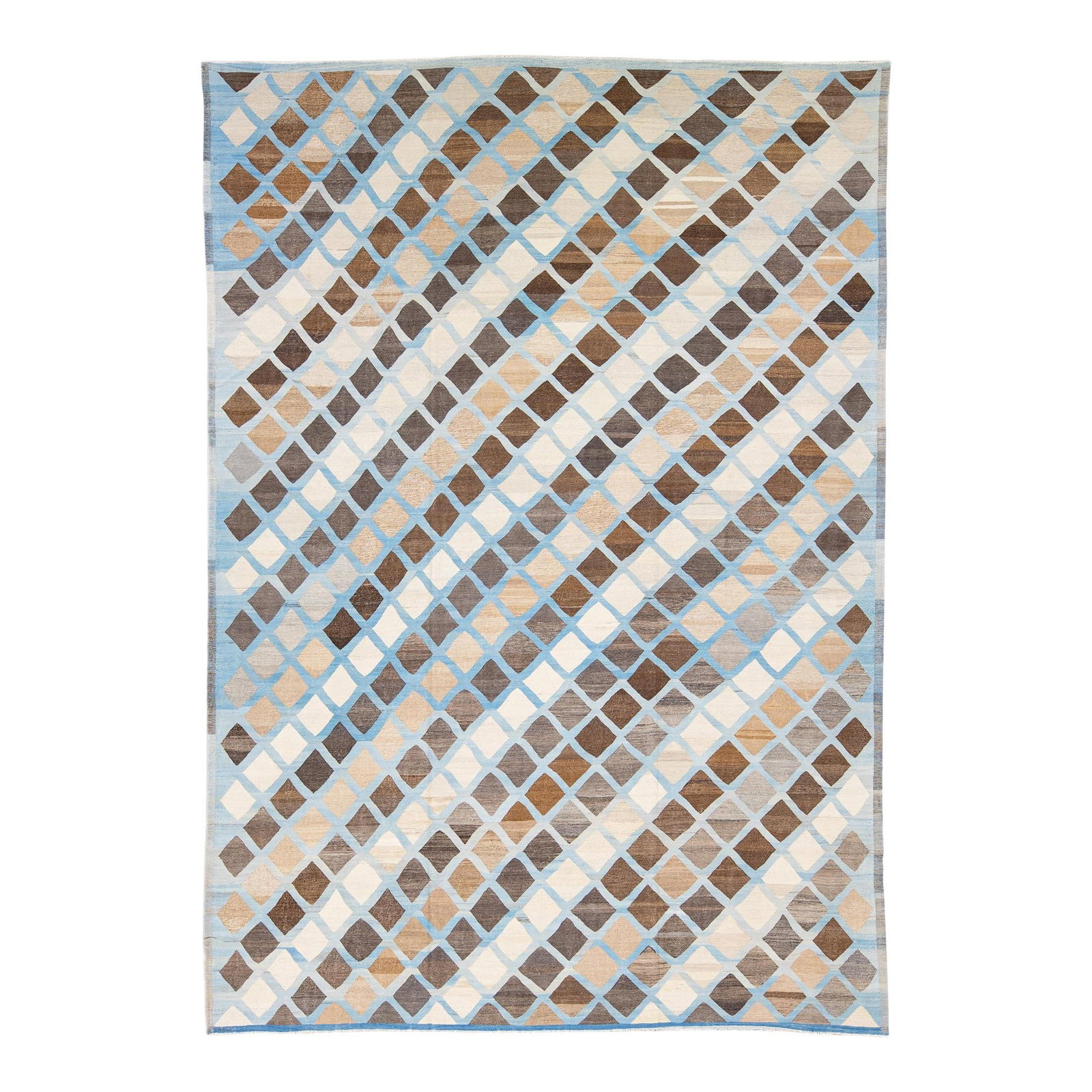 Oversized Modern Kilim Wool Rug Blue Brown Geometric Design 12'5 x 17'7: Oversized Modern Kilim Wool Rug Blue Brown Geometric Design 12'5 x 17'7 Enhance your space with this stunning modern flat-weave Kilim rug, expertly handcrafted from wool. Featuring a vibrant blue fiel