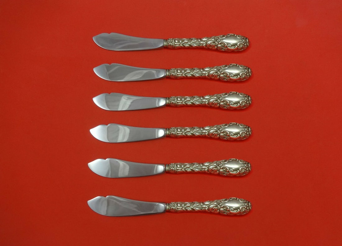6pc Schofield Baltimore Rose Sterling Silver Trout Knives 7 1/2 Custom: 6pc Schofield Baltimore Rose Sterling Silver Trout Knives 7 1/2 Custom A six-piece trout knife set in the Baltimore Rose pattern by Schofield. Made with sterling silver hollow handles and stainless im