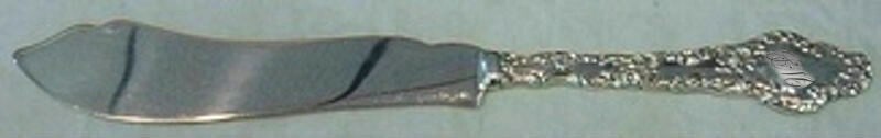 Durgin Watteau Sterling Silver Fish Knife 8 1/8 Inch Monogrammed: Durgin Watteau Sterling Silver Fish Knife 8 1/8 Inch Monogrammed This exquisite fish knife features a flat handle design in the elegant Watteau pattern by Durgin, crafted from all-sterling silver. Mea