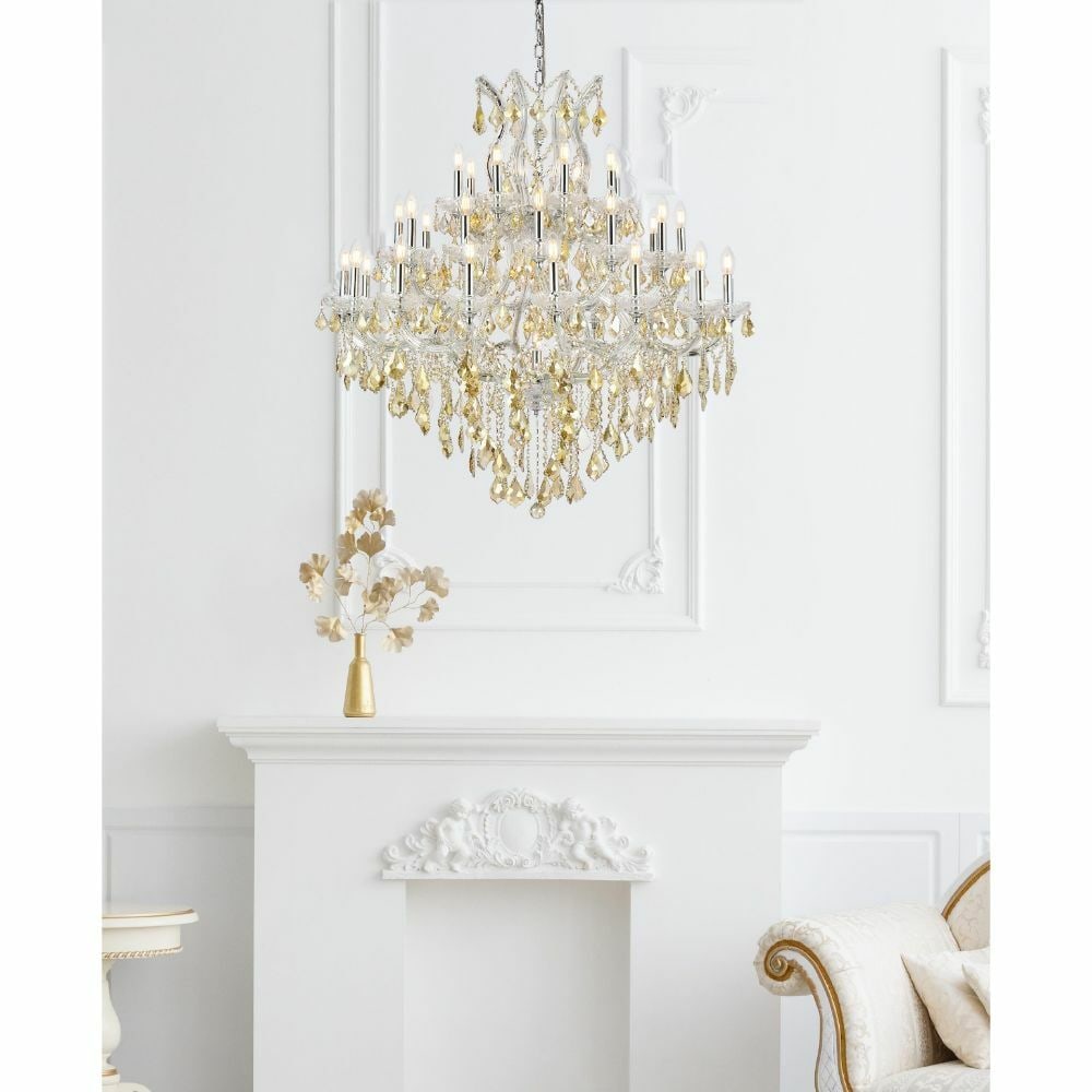 44 in Maria Theresa crystal chandelier 37 light chrome golden teak: 44 in Maria Theresa crystal chandelier 37 light chrome golden teak Large modern Maria Theresa chandelier with a chrome frame and golden teak royal cut crystals. It is a hardwired indoor fixture design
