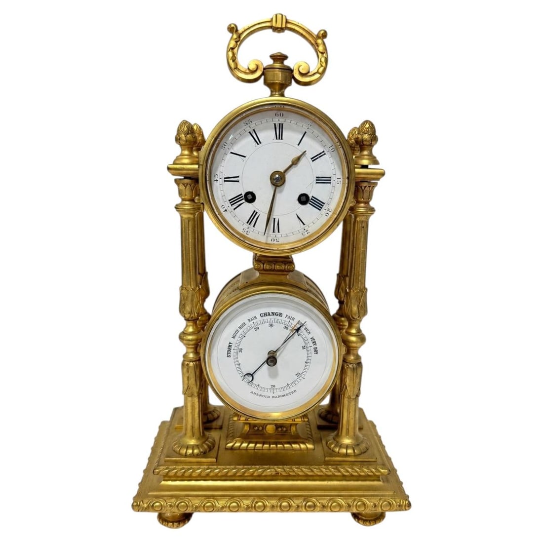French gilt bronze desk clock with aneroid barometer Pons Medaille d'Or (1 of 11)