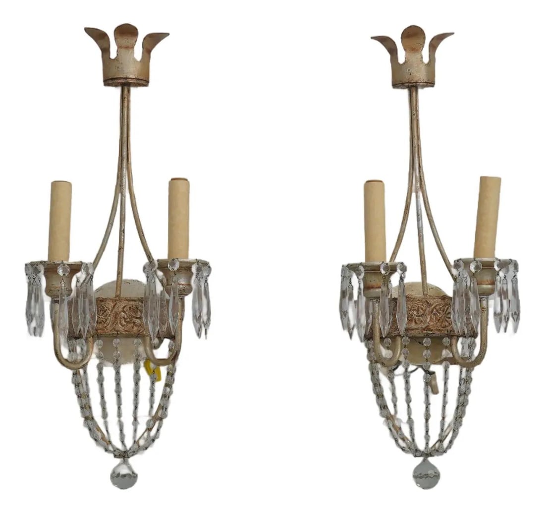 Set of Two Napoleonic Style Crystal and Gold Tone Metal Wall Sconces: Set of Two Napoleonic Style Crystal and Gold Tone Metal Wall Sconces This pair of wall sconces from the 1980s features a Neapolitan style with crystal accents and gilt metal construction. Electrified 