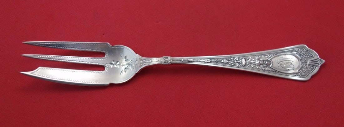 Schulz & Fischer Cleopatra Sterling Silver Pastry Fork Bright-Cut 6 1/4" Monogrammed: Schulz & Fischer Cleopatra Sterling Silver Pastry Fork Bright-Cut 6 1/4" Monogrammed This exquisite pastry fork features the Cleopatra pattern by Schulz & Fischer, crafted from high-quality sterling s