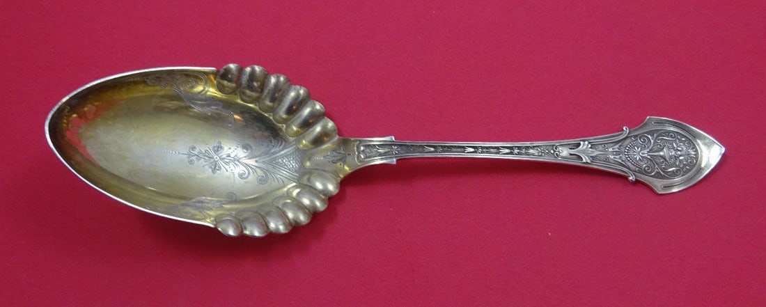 Angelo Wood & Hughes Sterling Silver Berry Spoon 9" Fluted Gold-Washed (1 of 1)