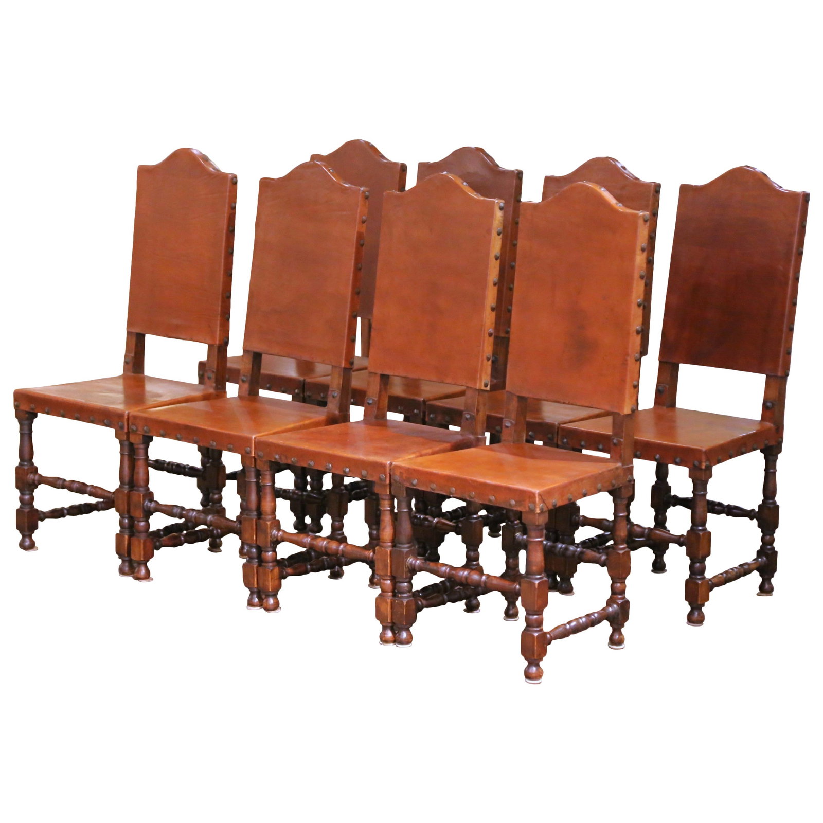 Set of 8 Spanish Louis XIII Oak Leather Dining Chairs (1 of 14)