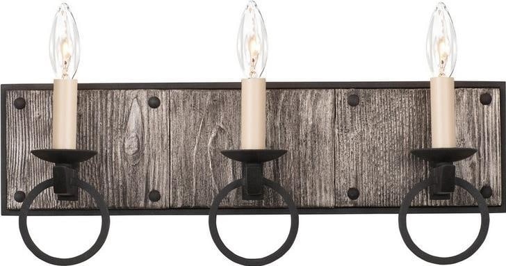 Kalco Modern Farmhouse 3-Light Bath Light Black Iron with Burnt Silver Wood: Kalco Modern Farmhouse 3-Light Bath Light Black Iron with Burnt Silver Wood Illuminate your space with the Modern Farmhouse Burnt Silver Wood Bath Light, a stylish addition designed with rustic lodge 