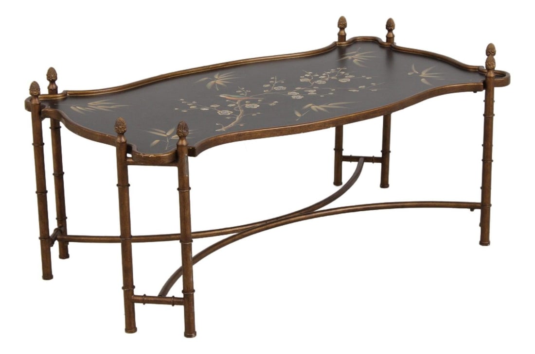 Hand Painted Bird Motif Coffee Table with Bamboo Form Metal Base (1 of 10)