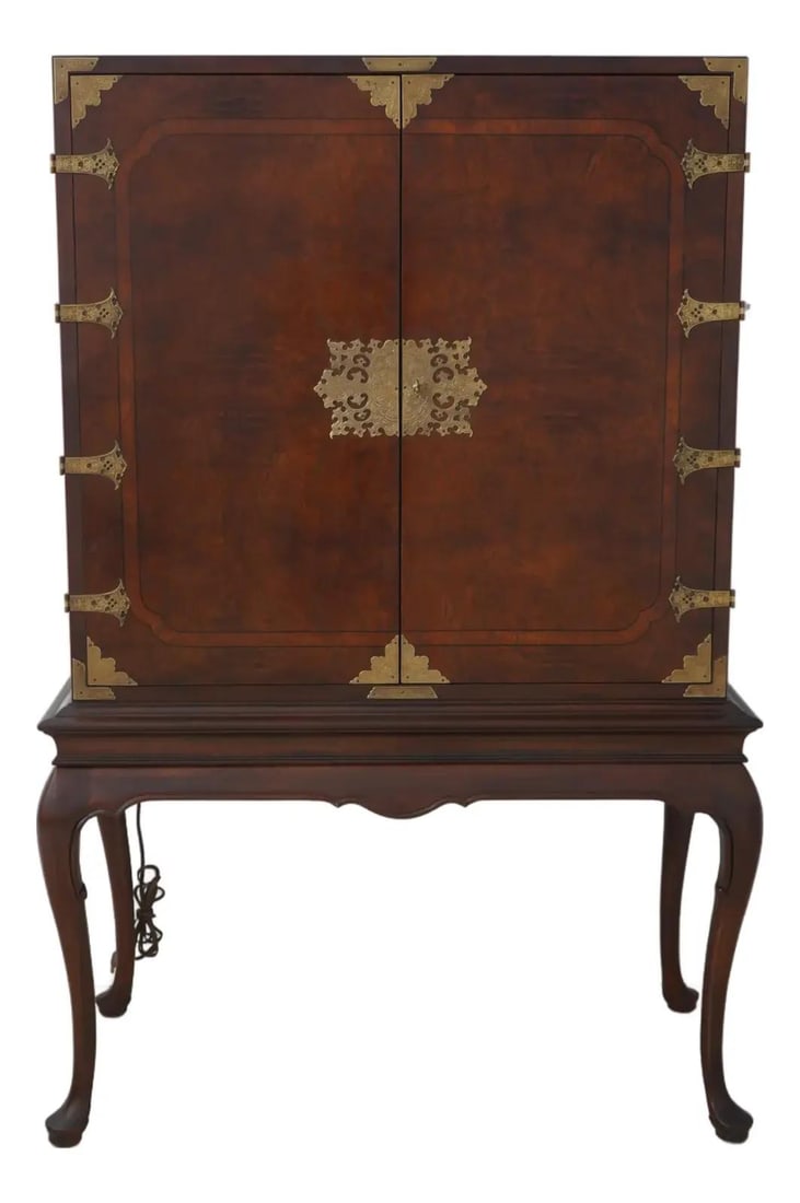 Burl Walnut Chinoiserie TV Media Bar Cabinet with Brass Hardware (1 of 10)