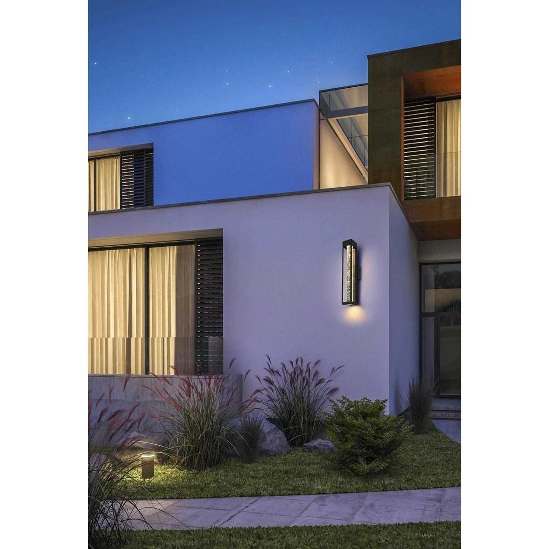 Amaris Black Seedy Glass Outdoor Wall Light LED 21.57 inch: Amaris Black Seedy Glass Outdoor Wall Light LED 21.57 inch This large outdoor wall sconce features a sleek black metal frame paired with clear seedy glass for a sophisticated, modern appearance. Desig