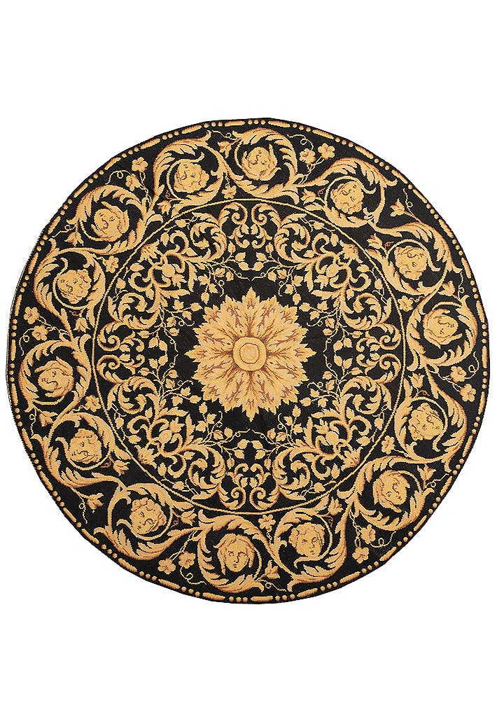 5.0 x 5.0 Round Verssacci Needlepoint Wool Rug Black Gold Handmade: 5.0 x 5.0 Round Verssacci Needlepoint Wool Rug Black Gold Handmade Free continental US Shipping This 5.0 x 5.0 round needlepoint area rug features a bold black and gold color palette with brown accent
