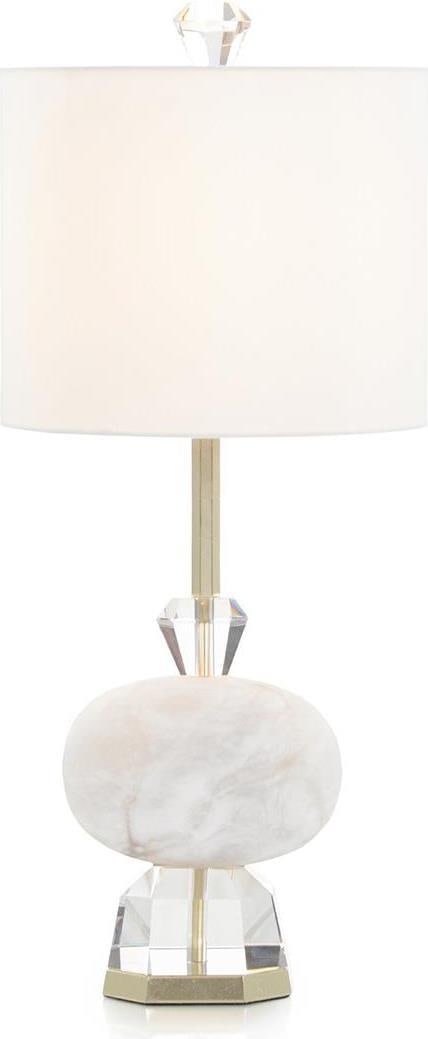 John-Richard Empire Alabaster Crystal Lamp with Silk Shade: John-Richard Empire Alabaster Crystal Lamp with Silk Shade Illuminate your space with this elegant Alabaster Crystal Lamp, featuring a sophisticated silk shade. This ivory table lamp stands 28 inches 