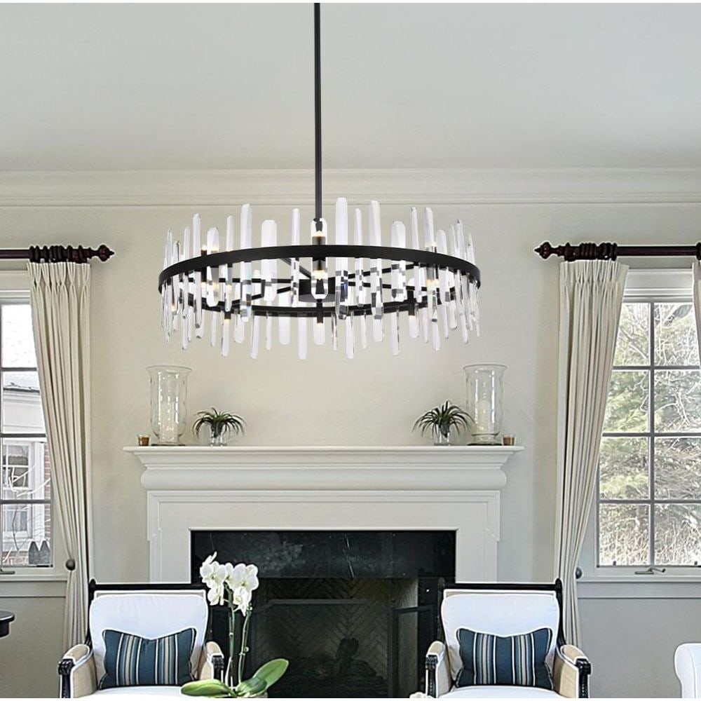 16-Light Black Crystal Foyer Chandelier Serena 36 Inch: 16-Light Black Crystal Foyer Chandelier Serena 36 Inch This modern black chandelier features 16 lights and is designed with high-quality crystal accents, making it an elegant centerpiece for foyers, l