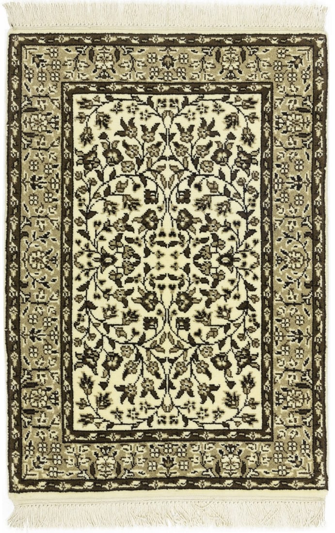 Hand-Knotted Wool Kirman Floral Area Rug 2x3 Beige and Brown: Hand-Knotted Wool Kirman Floral Area Rug 2x3 Beige and Brown This hand-knotted Kirman rug features a beige and brown floral design with cream and black accents. Crafted from wool, it offers a high pil