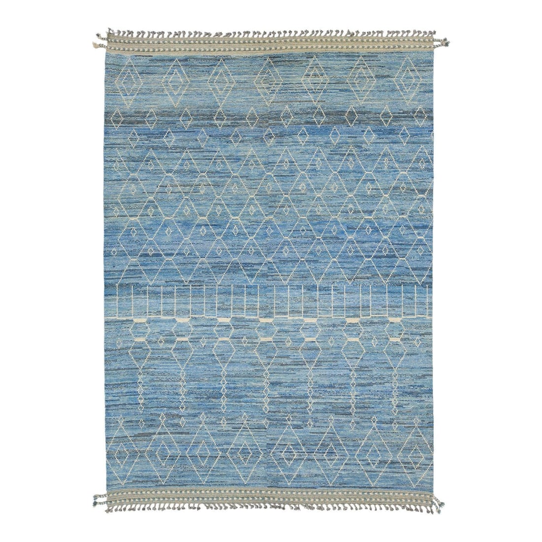 9' x 12'9" Handwoven Wool Rug With Blue Tribal Geometric Patterns: 9' x 12'9" Handwoven Wool Rug With Blue Tribal Geometric Patterns This handwoven wool rug showcases a modern interpretation of Moroccan style, featuring bold white geometric motifs set against a rich