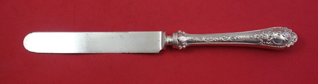Shiebler Maintenon Sterling Silver Dinner Knife 10" Blunt Silverplated Blade: Shiebler Maintenon Sterling Silver Dinner Knife 10" Blunt Silverplated Blade This exquisite dinner knife from the Maintenon pattern by Shiebler features a beautiful sterling silver handle paired with 
