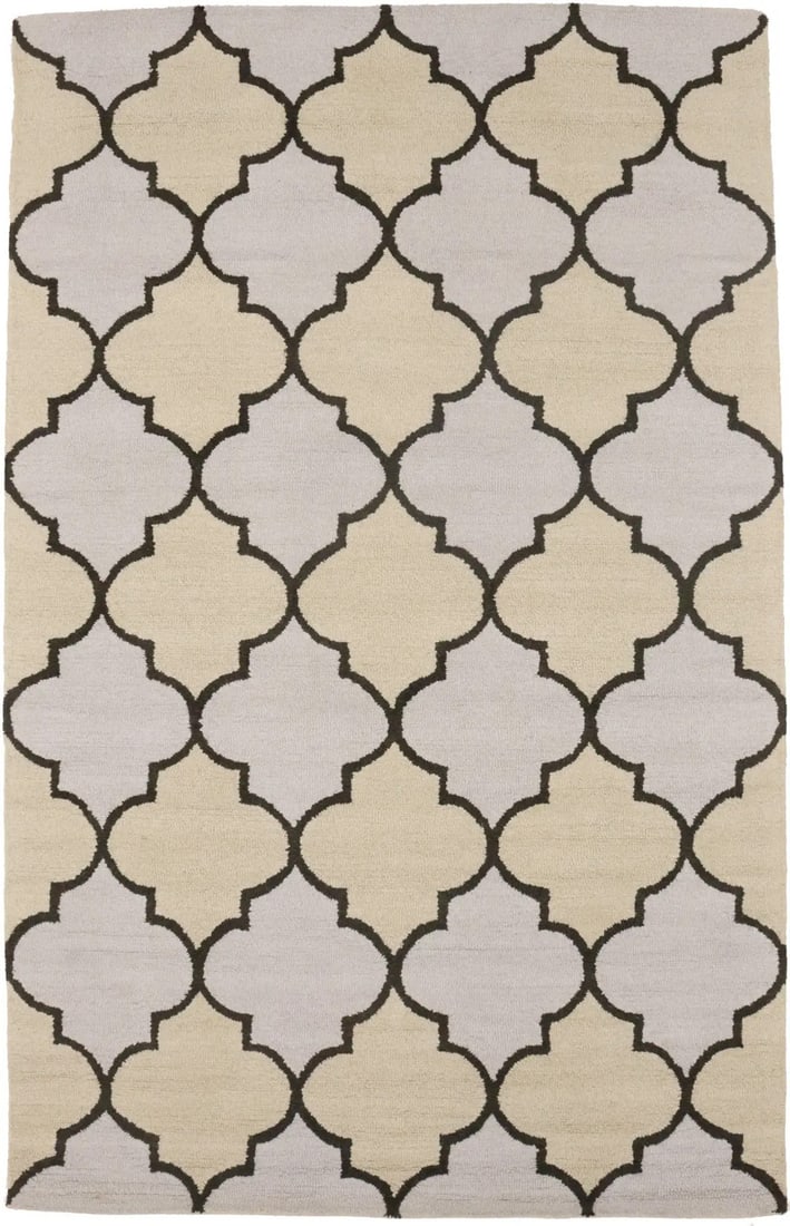 Modern Cream Wool Area Rug 5x8 Hand-Tufted Trellis Pattern Carpet: Modern Cream Wool Area Rug 5x8 Hand-Tufted Trellis Pattern Carpet This hand-tufted wool area rug features a contemporary trellis pattern in cream and charcoal tones, designed to complement modern inte