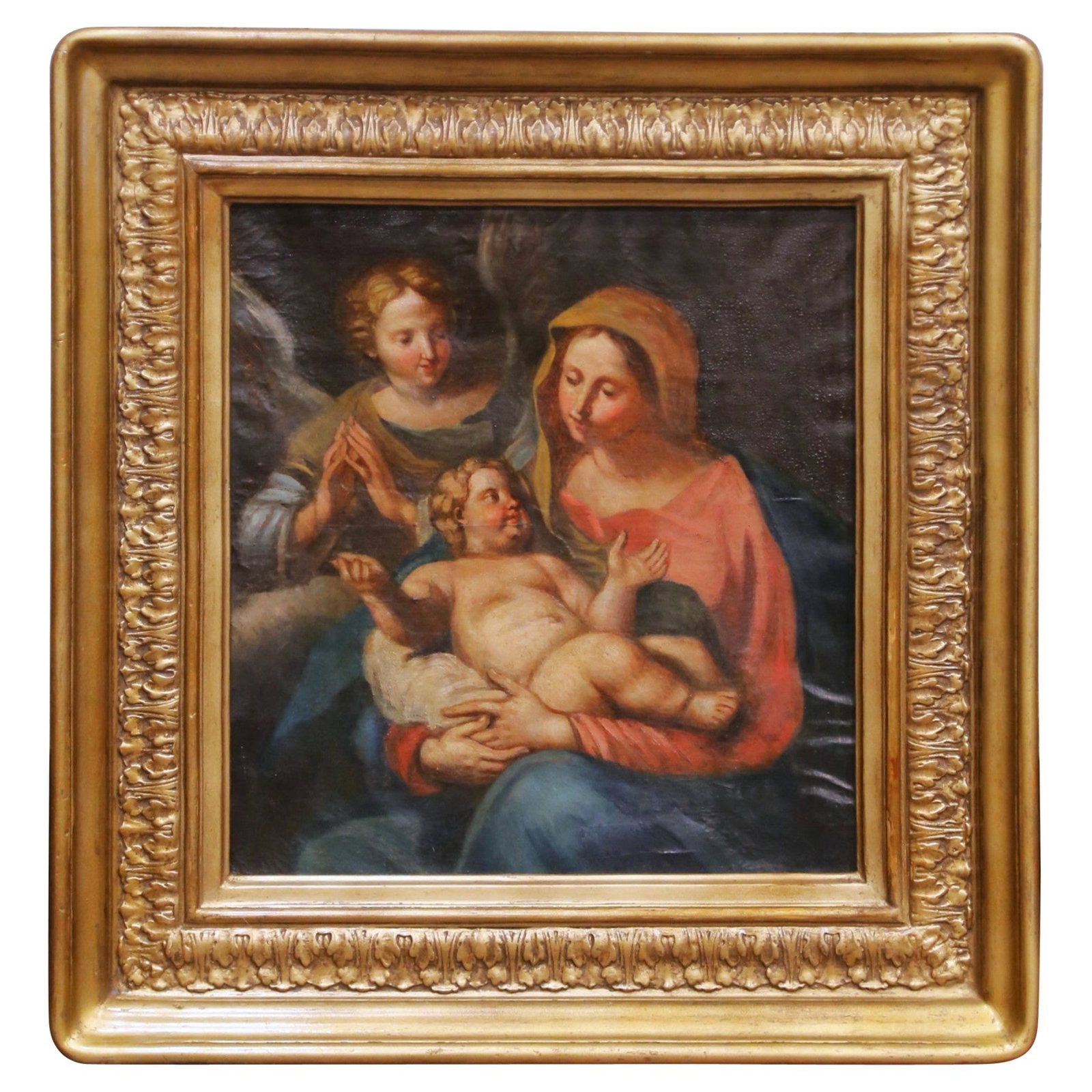 Baroque French Devotional Oil Painting Madonna Christ Child Angel Circa 1680: Baroque French Devotional Oil Painting Madonna Christ Child Angel Circa 1680 This late 17th-century French Baroque oil painting depicts the Madonna with the Christ Child seated across her lap, accompa
