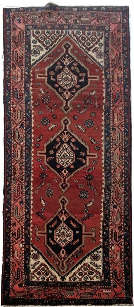 Exquisite 3'7" x 10'11" Red Persian Hamadan Wool Runner Rug: Exquisite 3'7" x 10'11" Red Persian Hamadan Wool Runner Rug Free continental US Shipping Enhance your living space with this exquisite 3.7 x 10.11 Red Traditional Persian Hamadan Wool Runner Rug, hand