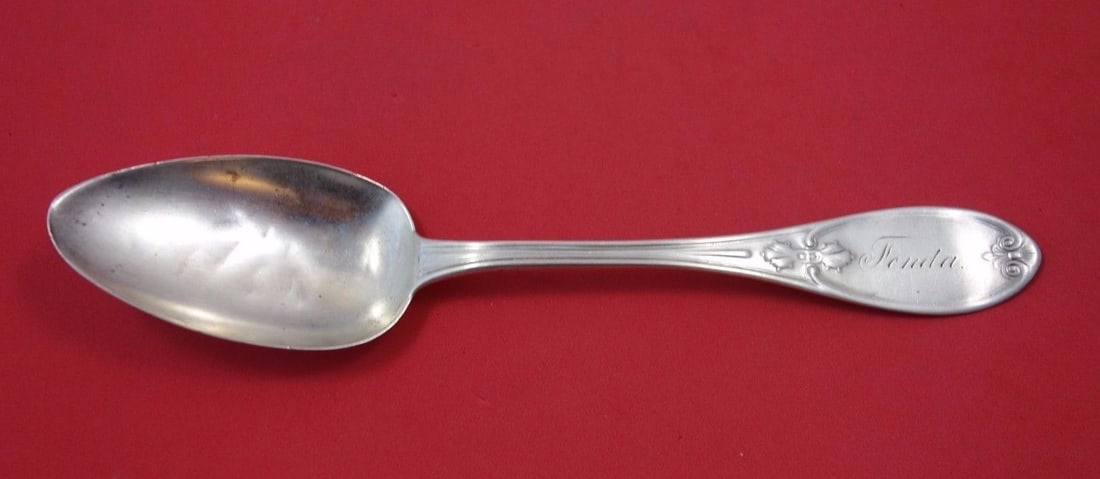 Frederich Reichel Sterling Silver Olive Style Serving Spoon Monogrammed Fonda 8 5/8": Frederich Reichel Sterling Silver Olive Style Serving Spoon Monogrammed Fonda 8 5/8" This exquisite serving spoon by Frederich Reichel showcases a classic olive style design, measuring 8 5/8 inches in