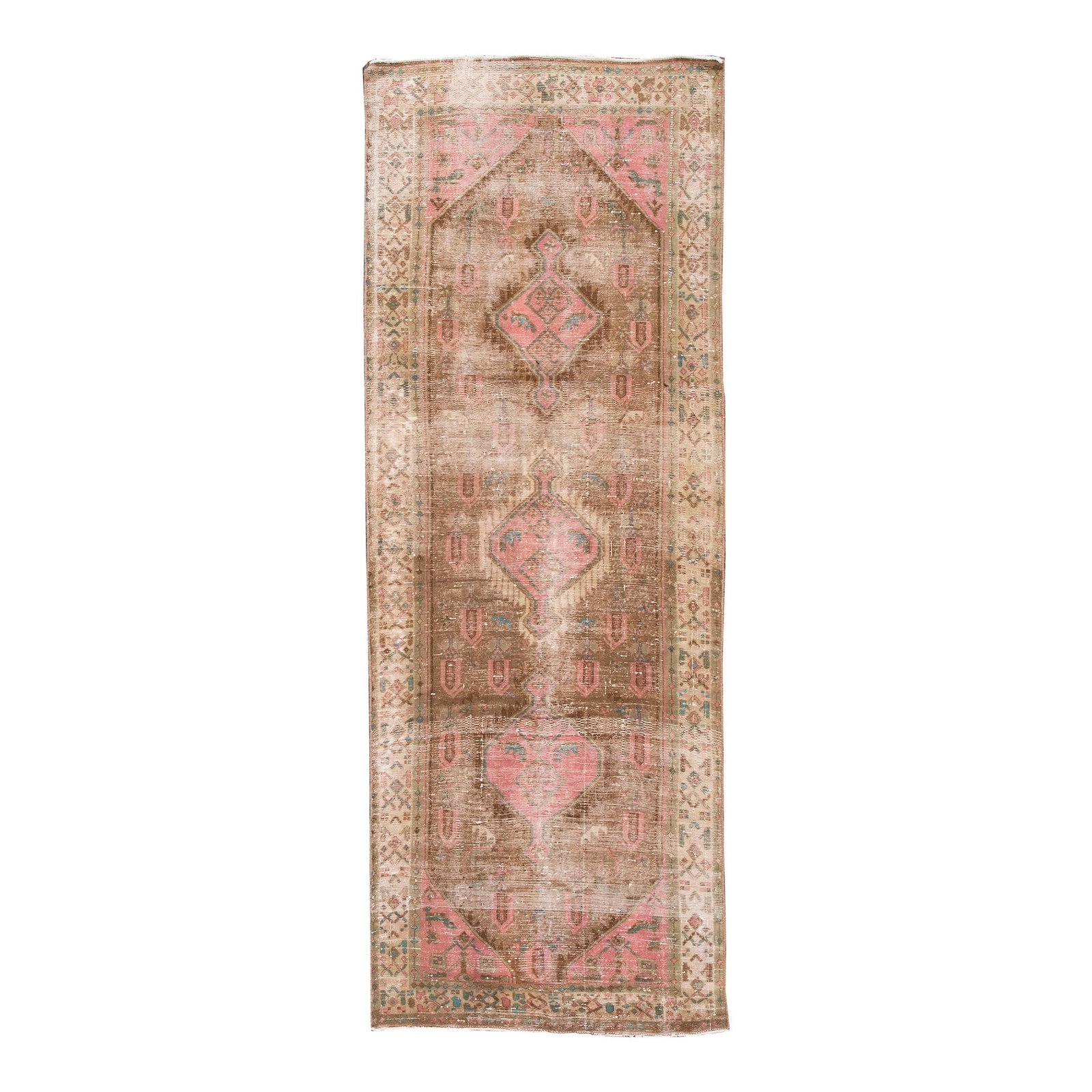Vintage 1960s Handmade Azeri Tan Wool Runner Rug 3'7 x 10 Foot: Vintage 1960s Handmade Azeri Tan Wool Runner Rug 3'7 x 10 Foot Discover this exquisite vintage Azeri hand-knotted wool runner, showcasing a warm tan field adorned with vibrant pink, sky blue, and beig